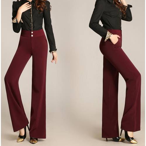 High waist women fashion office work pants plus size wide leg ladies formal trousers black red female wide leg pants