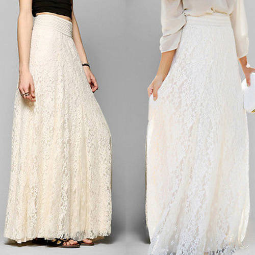 2018 Women Lace Maxi Skirt Multilayer Girl Double Layer Flower Pleated Maxi Elastic High Waist Floor Length White Skirts