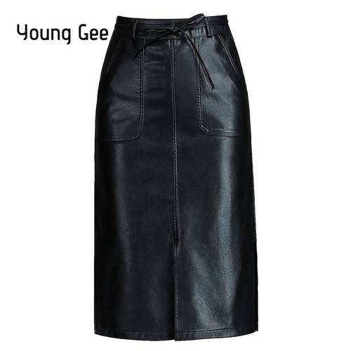 YoungGee PU Leather Bodycon Women Skirts Office Lady Spring Autumn Bow High Waist Streetwear Black Pencil Knee-Length Skirt saia