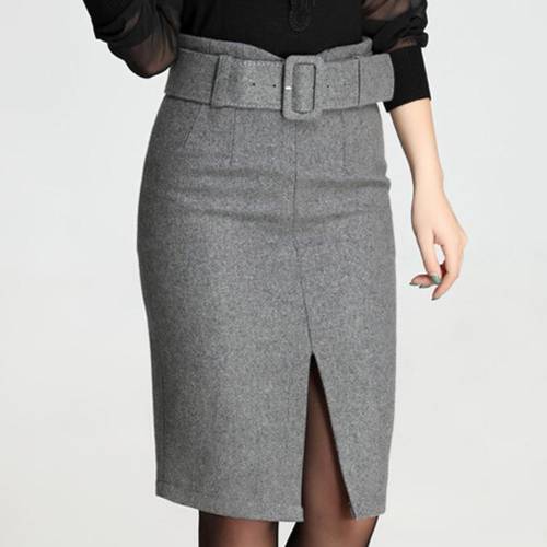 Autumn Winter Retro High Quality Woolen Skirt Fashion Warm Knee-Length Women Skirts Elastic With Belt