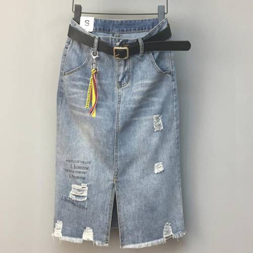Denim skirt fashion high waist split spring autumn hole letter jeans skirt a-line