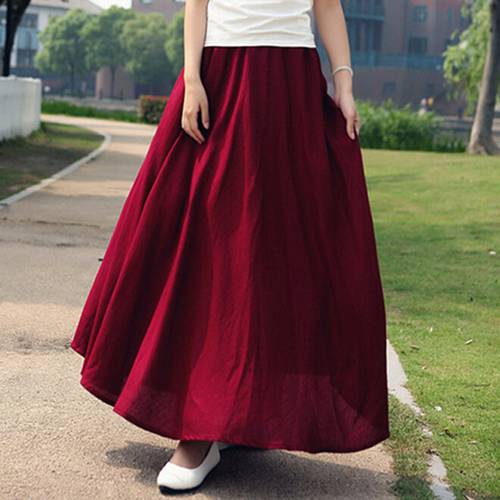 10 Solid Color New Long Skirts Womens Bohemian Casual Elastic Waist Linen Circle Big Pendulum A Line Cotton Skirt