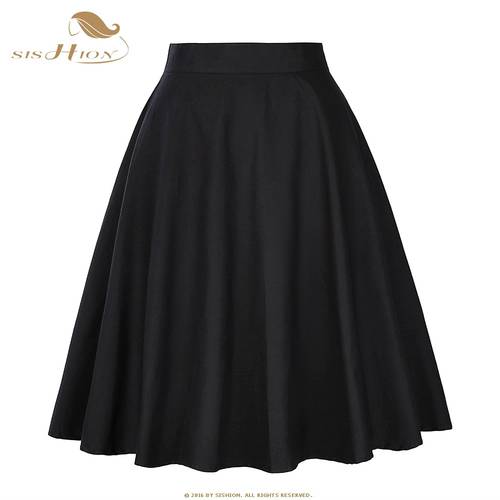 SISHION 2022 Ladies Fashion High Waist Skirts Elegant Cotton Swing 50s Vintage Retro Knee Length Zipper Skater Black Skirt