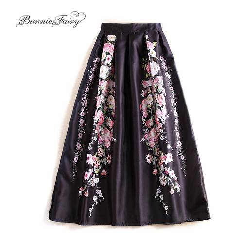 2022 Spring Summer Hepburn Chic Elegant Female Clothing Vintage Retro Floral Print Black Long A-Line Maxi Skirt Party Holiday