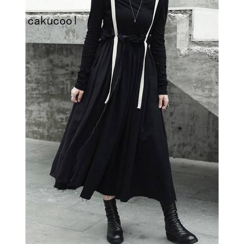 Cakucool New Gothic Linen Skirt Women Overalls rough selvedge Pleated Skirts Black Punk Goth Darkness Mid Long Suspender Skirt