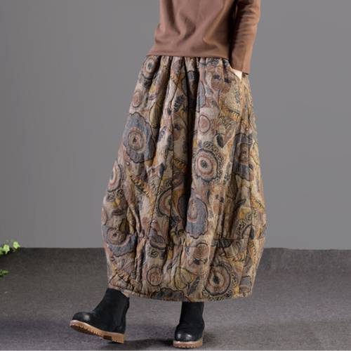 Autumn Winter Skirt Retro Women Elastic Waist Loose Skirt Print pocket Thicker Warm Ladies Blended Casual Skirt 2021
