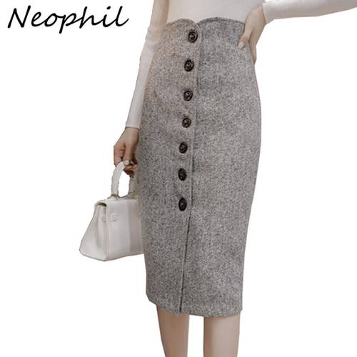 Neophil High Waist Woolen Button Pencil Midi Skirts Office Ladies Office Elegant Grey 2022 Winter Wool Wrap Skirts Faldas S1738