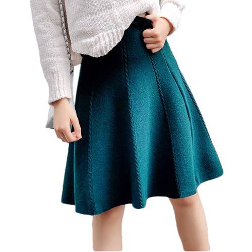 2022 Autumn Winter Knitted Skirt Women Midi High Waist A Line Knit Skirts One-pieces Seamles Pleated Elastic Thick Faldas