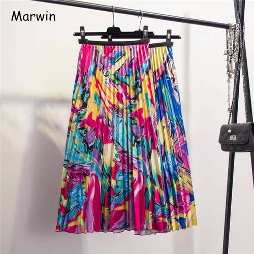 Marwin 2019 New-Coming Spring Eurpoean High Street Style A-Line Floral Pattern Mid-Calf Vacation skirt High Quality Women Skirts