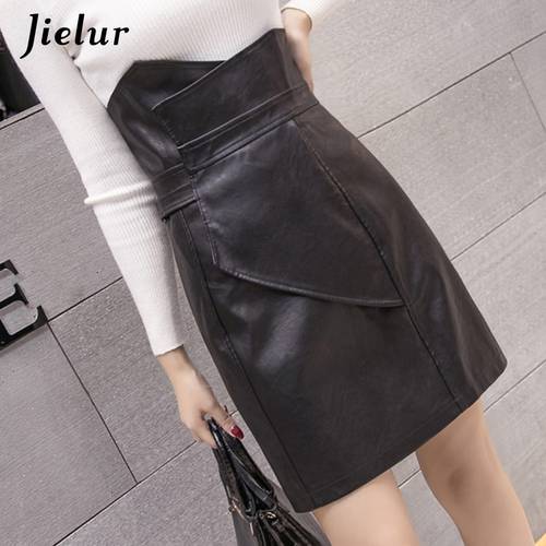 Jielur Fashion Slim High Waist PU Leather Skirt Office Lady Patchwork S-XL Women&39s Skirt High Street Elegant Sheath Black Skirts