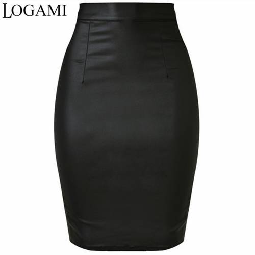 LOGAMI Women Faux Leather Skirt Pencil High Waist Skirts Womens Skirt Black Midi Saia Couro Jupe Simili Cuir