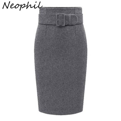 Neophil 2022 Winter Gray Thick Wool Midi Pencil Skirts Women Casual Slim High Waist With Belt Office Work Wear Saia S-XXXL S1205