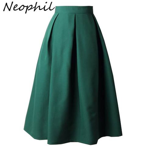 Neophil 2022 Summer Ladies Black Pleated Ball Gown Skater Midi Skirts Womens Solid S- XXXL Office Wear Preppy Style Saias S8322