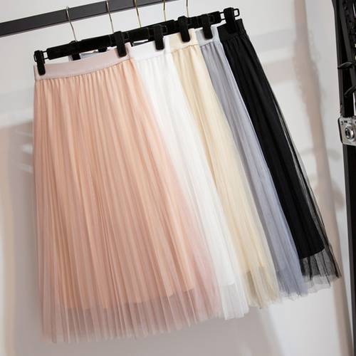 Women&39s Tulle Plain Pleated Skirt 2019 New Fashion Black Beige White Pink Grey Mesh Midi Skirt High Waist Woman Skirts 3 Layers