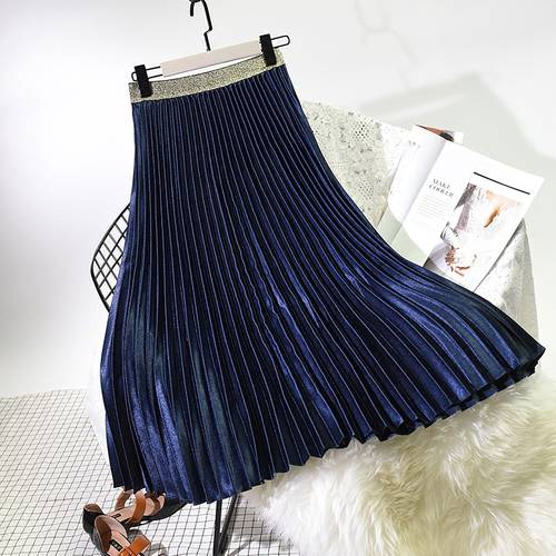 2019 Spring Women Elegant Pleated Skirt Elastic High Waist Women Long Skirt Female Autumn Ladies High Quality Midi Skirt Saia