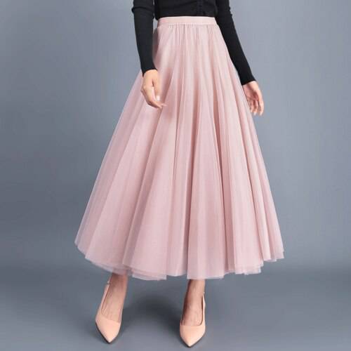 TingYiLi Autumn Tulle Skirt Gray Brown Beige Pink Black Long Skirts Womens Elegant Maxi Skirt