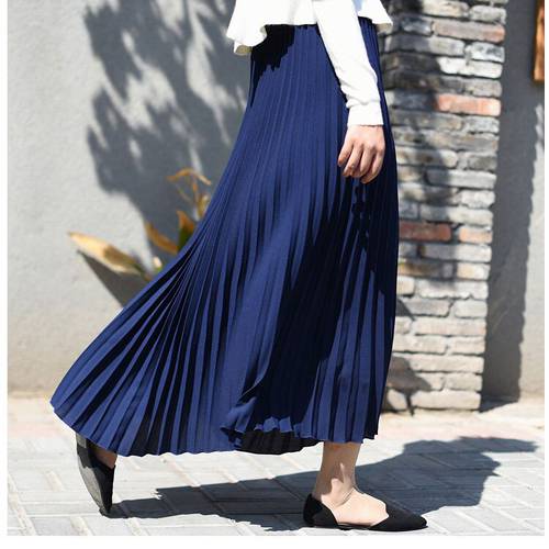 2022 Women Spring/Autumn Solid Pleated Skirts A-Line Long Skirt Stretch High Waist Women Maxi Skirt Longa Falda Elegant Skirts