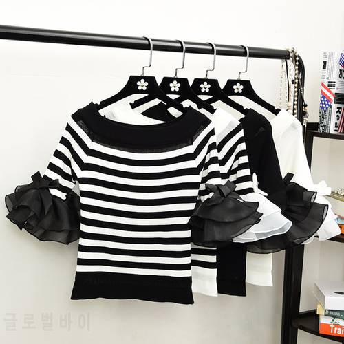Women&39s Fashion Slash Neck Striped T shirts Tops Girl Knitted Patchwork Chiffon T-shirt Crop Top for Female