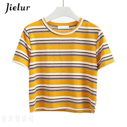 Jielur T Shirt Women Chic Hit Color Yellow Striped Tee Tops Korean Summer 2021 Harajuku Hipster Loose T-shirt Feminina S-L