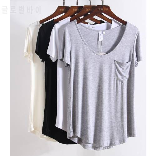 S-4xl Plus Size Women T-shirt Casual Solid Modal V Neck Short Sleeve T shirts Solid Casual Shirts Top Bottoming Free Style