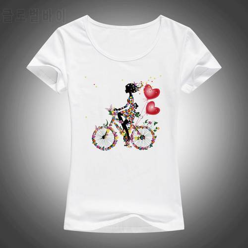 2017 Girl riding a bicycle T Shirt Women Floral Flowers Print T Shirts Woman Tops Funny butterfly T-Shirt Femme Clothes F80