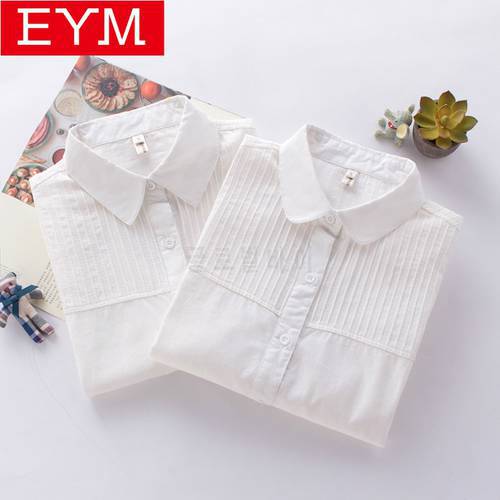 White Long Sleeve Blouses Women 2021 Spring New Casual Shirts Art Simple Style Spliced Blouse Women 100% Cotton Lady Tops Blusas