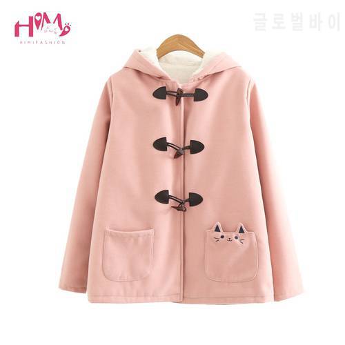 Autumn Winter New Women Pink Kawaii Jacket Japanese style Cotton Thick Long Sleeve Hooded Casual Cute Cat Graphic School Coat