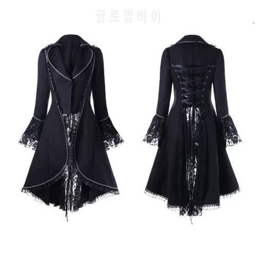 Women Black & Red Vintage Steampunk High Collar Lace Slim Jacket Elegant Back Lace-Up Swallow High Low Tail Coat For Ladies 2XL