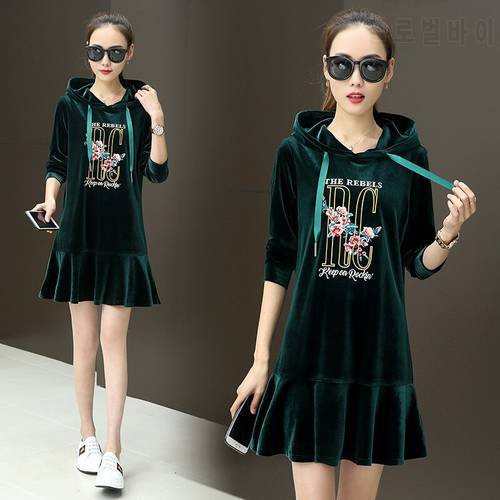 Spring And Autumn Fashion Gold velvet Hooded sweater Medium and long section Pattern Self-cultivation Korean Fish Tail Dress