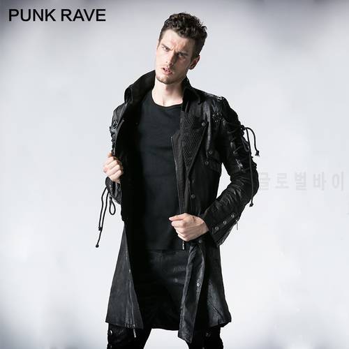 PUNK RAVE Punk Military Autumn Winter Jacket Western PU Leather Slit Unisex Gothic Retro Style Faux Leather Men Long Coats