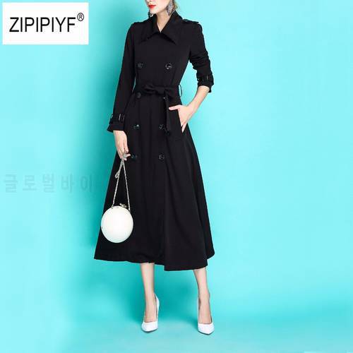 Spring Summer Double Breasted Trench Coat Women Adjustable Waist Slim Solid Black Coat Long Trench Female Outerwear S-3XL B375