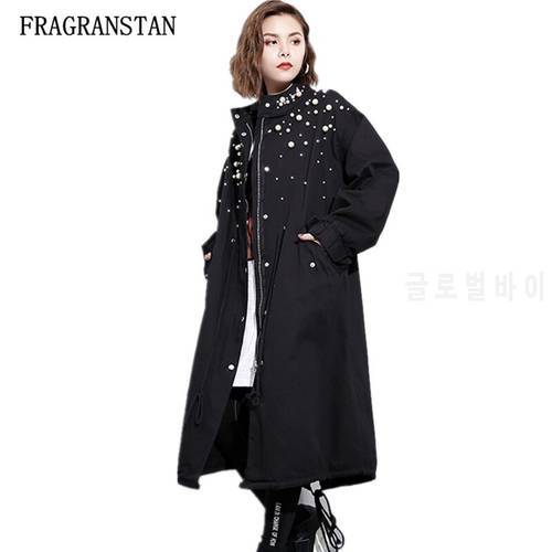 Female Fashion New Pearl Stand Collar Sashes Trench Coat Autumn Winter Women Casual Plus Size High Quality Black Vestidos JQ148
