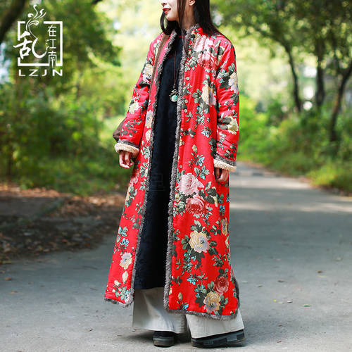 LZJN Chinese Style Autumn Winter Jacket Women Long Sleeve Faux Fur Coat Floral Print Warm Jacket coat Overcoat Fleece Parka