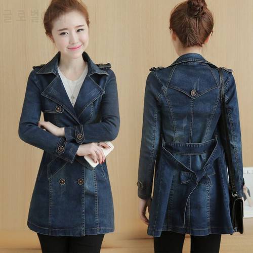 fashion Women Denim trench coats and jackets women spring autumn double-breasted denim coat women Slim casual outerwear