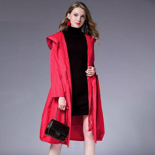 Spring Autumn new Big size long sleeve lace Hooded trench coat Large size ladies&39 draw string loose lace Elegant coat red black