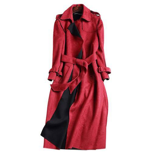 2022 New Autumn Suede Trench Coat Women Abrigo Mujer Long Elegant Outwear Female Overcoat Slim Red Suede Cardigan Trench C3487