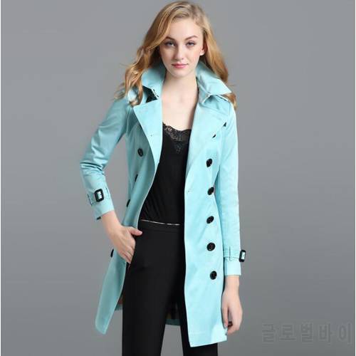 European spring autumn ladies trench coat women long sleeves coats womens casaco female Double-breasted overcoat woman sky blue