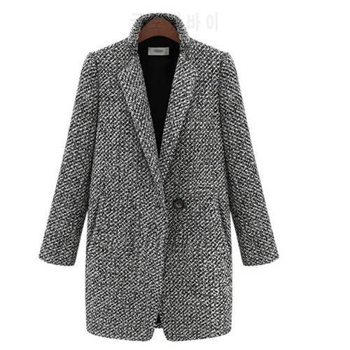 Winter Coat Women Houndstooth Woolen Coat Fashion Cotton Blend Single Button Pocket Oversize Trench Coat Outerwear Femme
