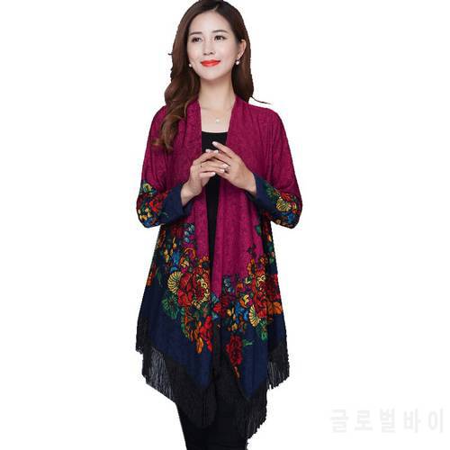 Spring and autumn women&39s national wind printing long section of loose big yards windbreaker jacket shawl