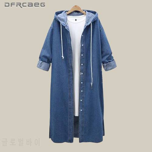 4XL Vintage Blue Hooded Denim Trench Coat Women 2018 Winter Fashion Jeans Long Coats Long Sleeve Big Size Outwear Clothes