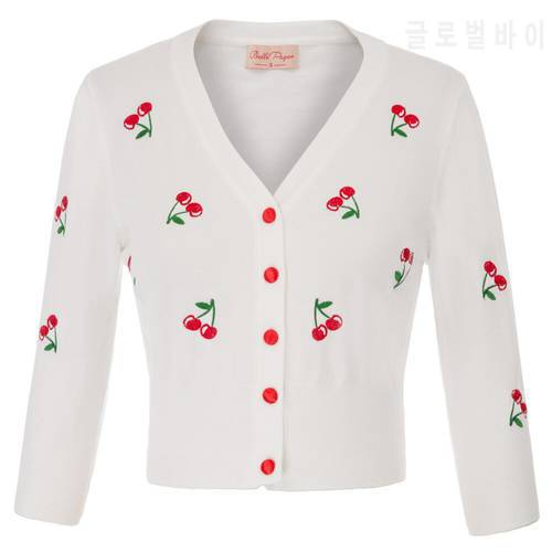 Belle Poque Sweater Women Cherries Embroidery Tops Ladies Casual 3/4 Sleeve V-Neck Cropped Knitting Coat Knitwear Soft Jumper
