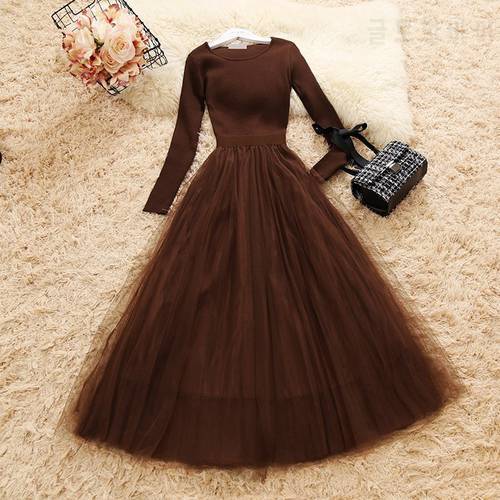 Amolapha Women Knit Mesh Patchwork Dress Long Sleeve Ball Gown Elegant Woman Casual Knitted A-line Dresses