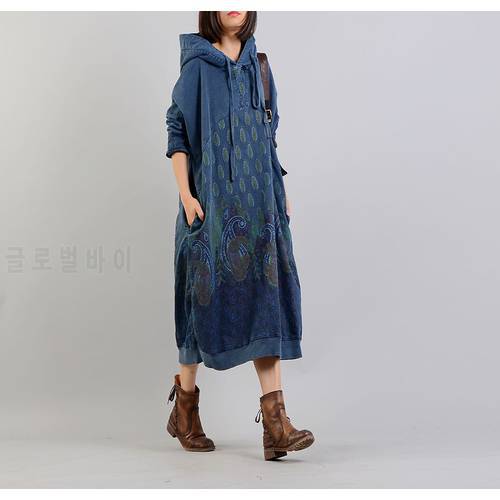 Women Feather Printed Hooded Dress Spring Retro Casual Print Loose Dress Female Ladies Dress 2022