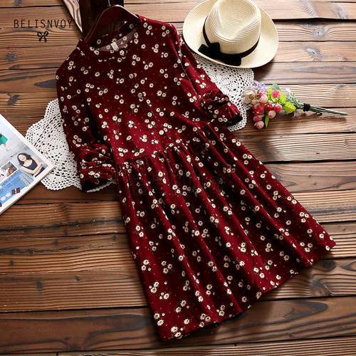2019 New Autumn And Winter Dresses Red Blue Color Floral Print Long Sleeve Dress O Neck Corduroy Preppy Dress