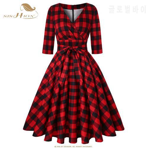 SISHION Cotton 50s Retro Swing Vintage Dress 3/4 Sleeve Red White Black Women Autumn Floral Print Plaid Dress SD0006