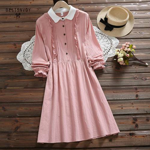 Vestidos Verano 2019 Blue Pink Japan Style Mori Girl Sweet Dress Women Ruffles Long Sleeve Cotton Linen Vintage Dresses