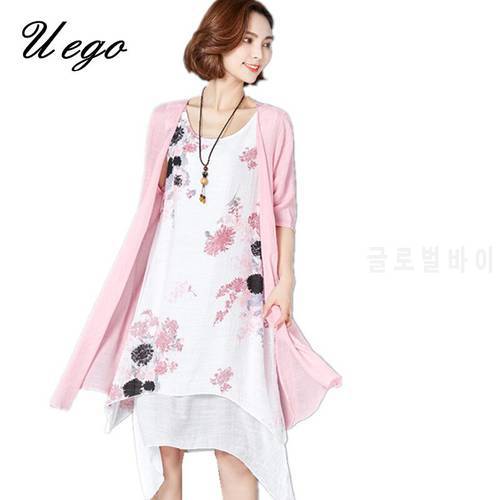Uego 2022 Fashion Two Piece Set Dress Vintage Print Floral Women Summer Dress Suits M-4XL Loose Casual Dress Vestidos