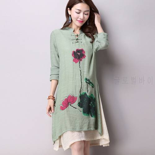 Vintage Dress 2022 Spring Women&39s National Wind Stand Collar Vintage Buckle Long Sleeve Casual Cotton Linen Dress