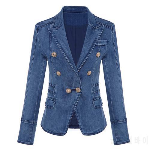 HIGH QUALITY New Fashion 2022 Designer Blazer Women&39s Metal Lion Buttons Double Breasted Denim Blazer Jacket Outer Coat
