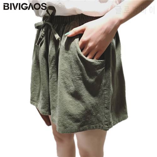 BIVIGAOS New Drawstring Cotton Linen Shorts Women Summer Casual Wide Leg Shorts Skirt Elastic Waist Loose Short